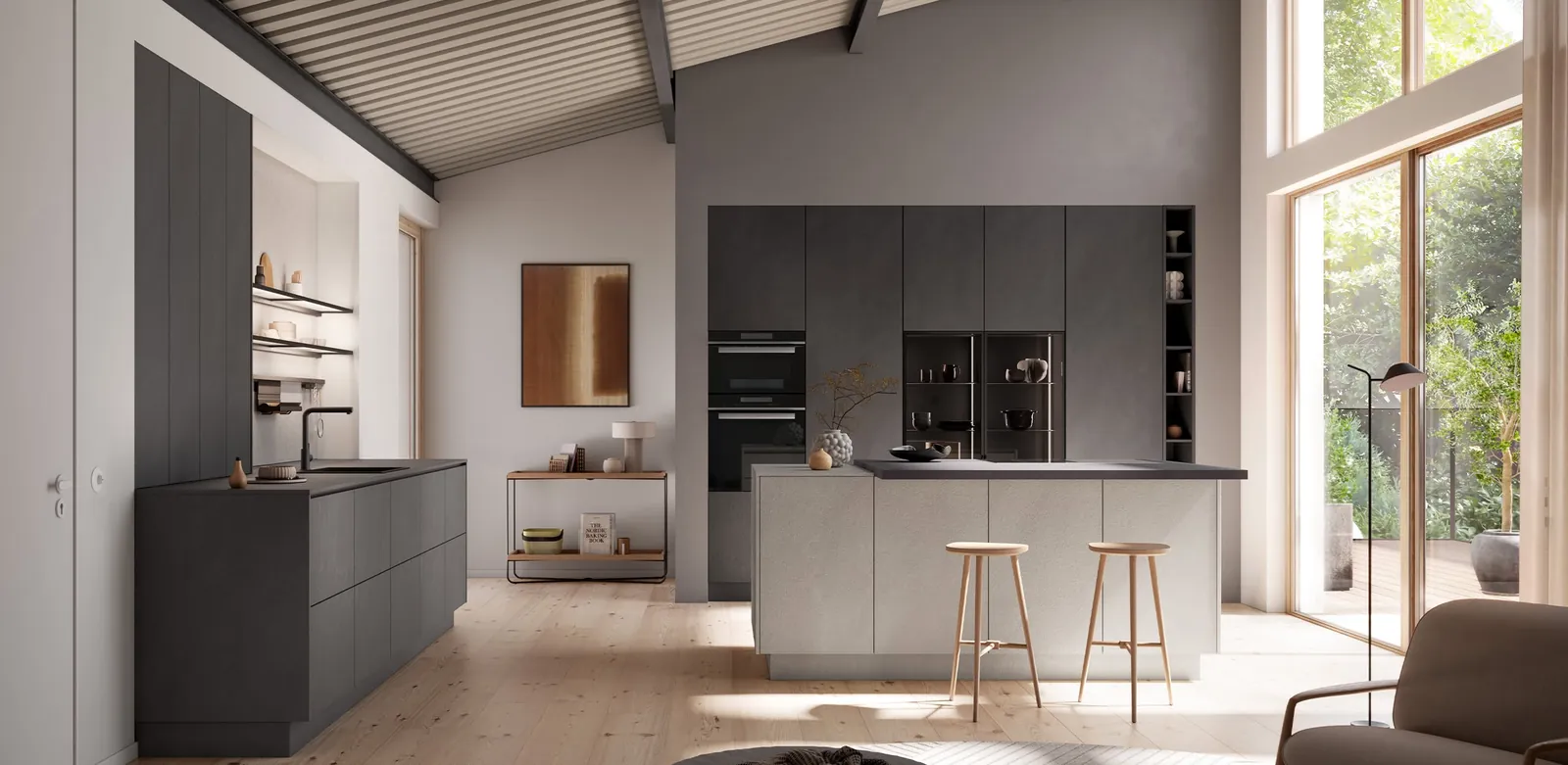 German kitchen display with an island and tall units